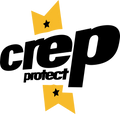 Crep Protect logo with yellow shapes and black stars on a white background