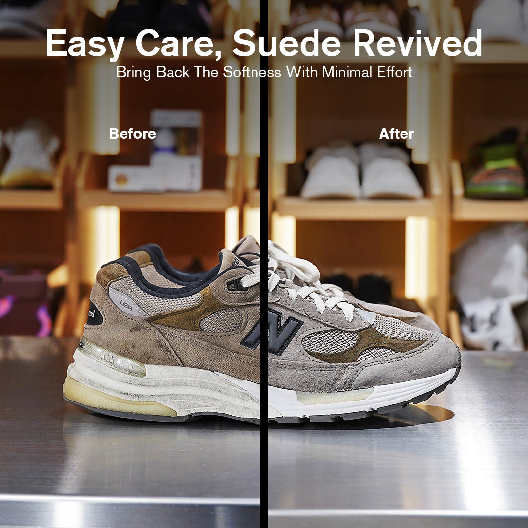 Before-and-after comparison of suede sneaker cleaning using Jason Markk suede care products. Left shoe shows dirt and discoloration; right shoe appears clean and restored. Text reads “Easy Care, Suede Revived.” Demonstrates effective suede cleaning and restoration for sneakers with minimal effort.