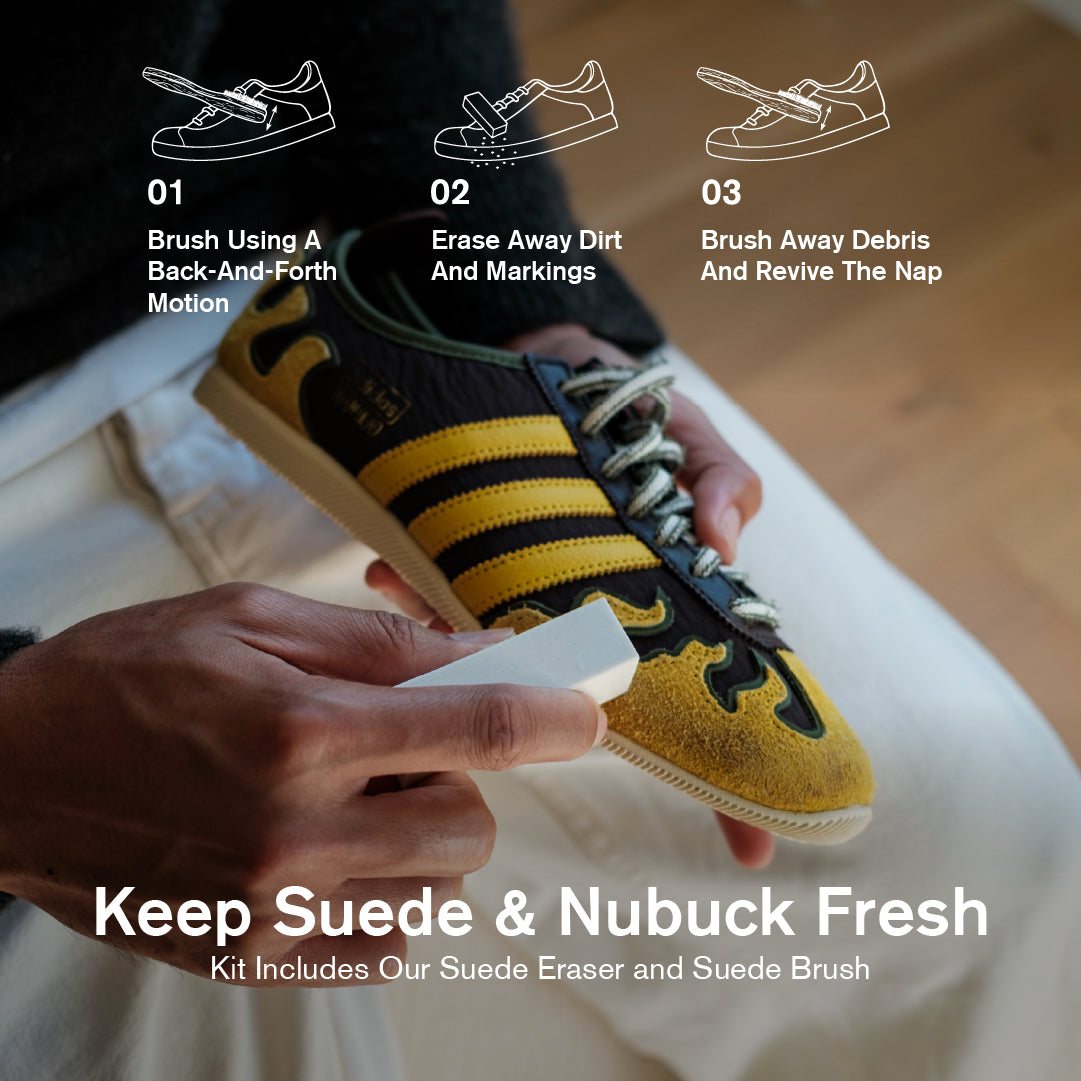 Person using a Jason Markk suede eraser on a suede sneaker. Step icons and text read: “01 Brush Using A Back-And-Forth Motion. 02 Erase Away Dirt And Markings. 03 Brush Away Debris And Revive The Nap.” Headline reads “Keep Suede & Nubuck Fresh” with subtext “Kit Includes Our Suede Eraser and Suede Brush.”