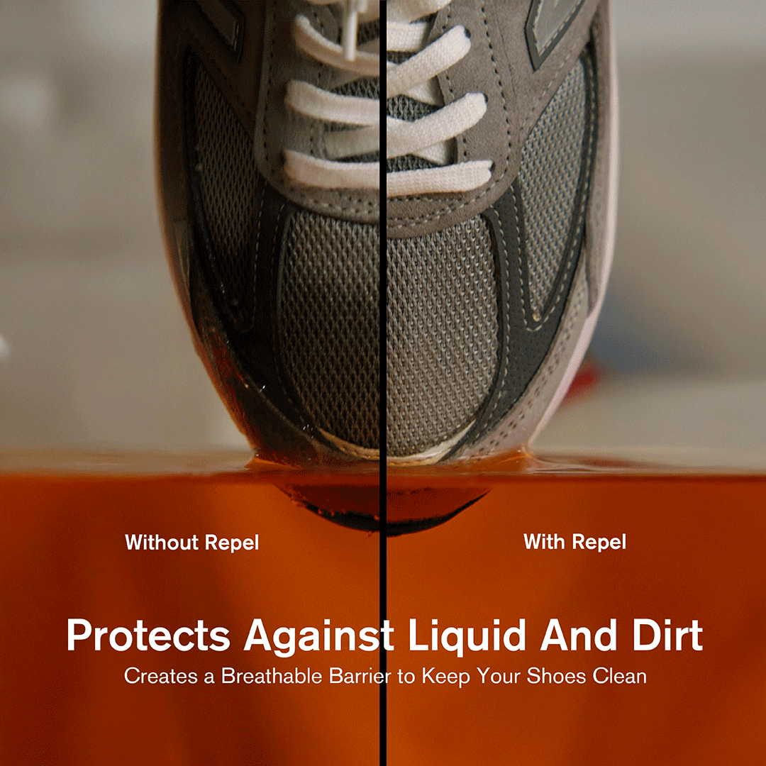 Gif flashing between before and after shots of shoes being treated with Repel Spray, Quick Wipes, and Refresh Spray
