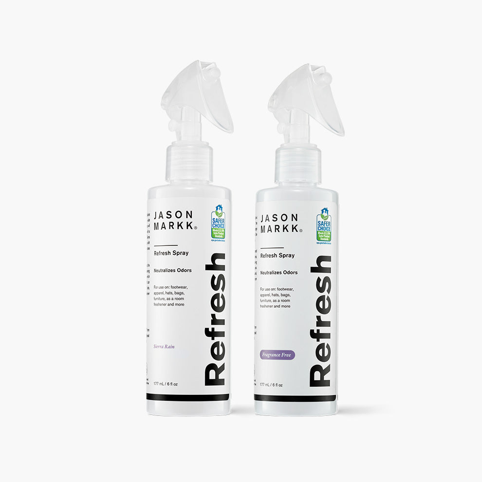 Jason Markk Refresh Spray in both Sierra Rain and Fragrance Free Scents in front of a white background.