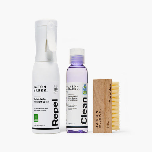 A photo showing the Jason Markk Essential Kit and the Repel Spray. 
